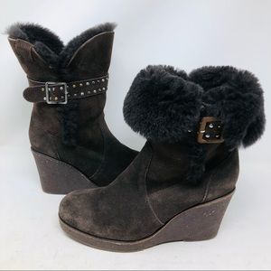 Emu Brown Sheepskin Suede Fur Lined Wedge Boots